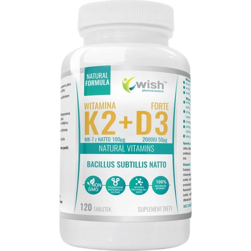 Wish Witamina K2 MK-7 z Natto 100 mcg + D3 2000 IU 120 tabletek