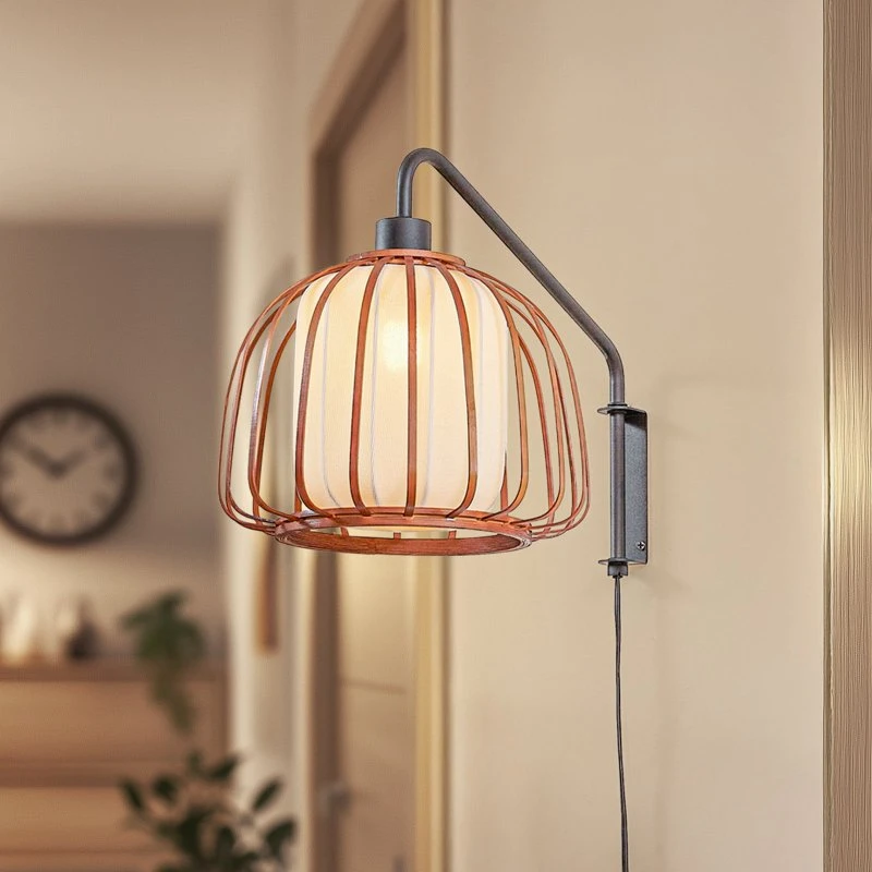 Kinkiet Lindby Davella Ø 26 cm - czarny bambus i tkanina