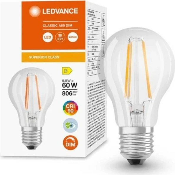LEDVANCE Superior Żarówka LED E27 A60 5,8W 4000K CRI90 Filament Ściemnialna