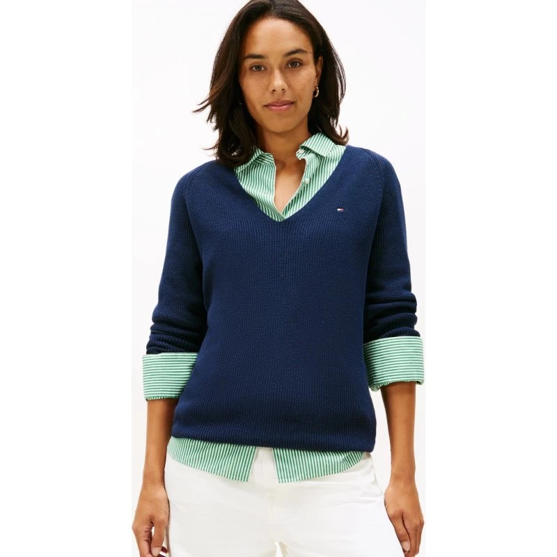 Tommy Hilfiger Sweter z dzianiny w dekolcie w serek, niebieski