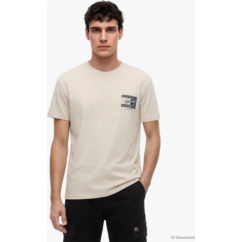 Tommy Jeans T-shirt męski beżowy, bawełna, rozmiar M