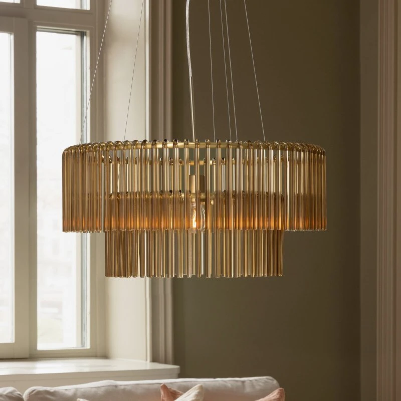 Globen Lighting Żyrandol Hook 60, szkło koniakowe i mosiądz