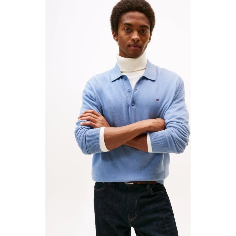 Tommy Hilfiger Sweter Polo z Kaszmirem Męski Niebieski XL
