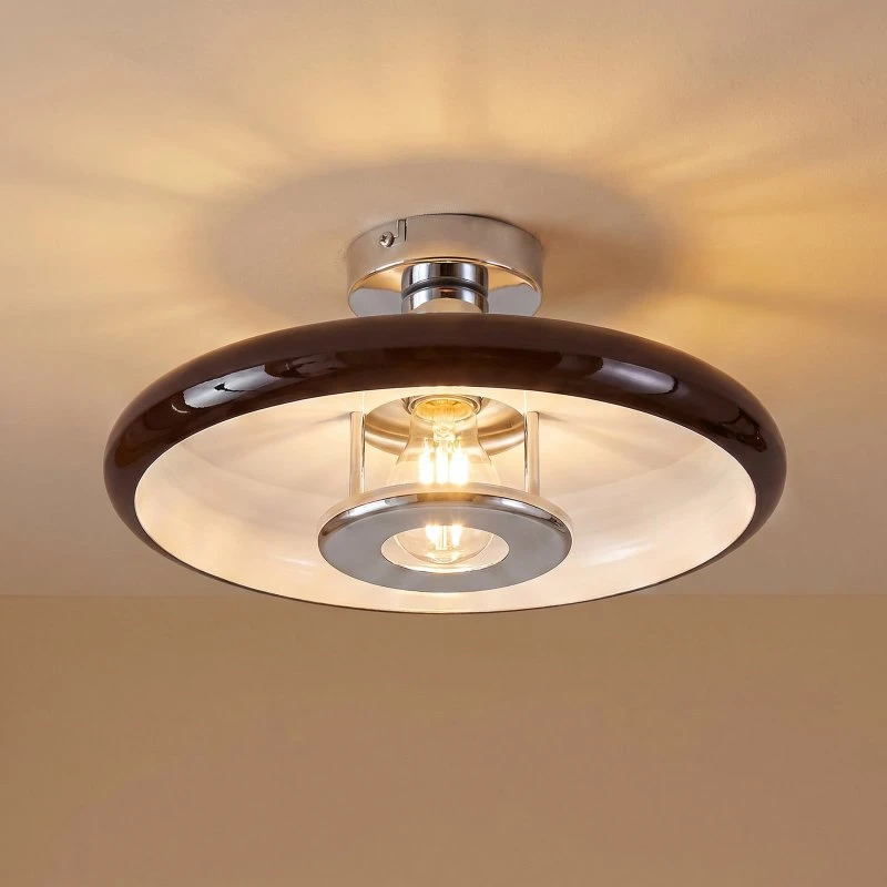 Lampa sufitowa Lindby Branford, brązowa, Ø 35 cm, styl retro