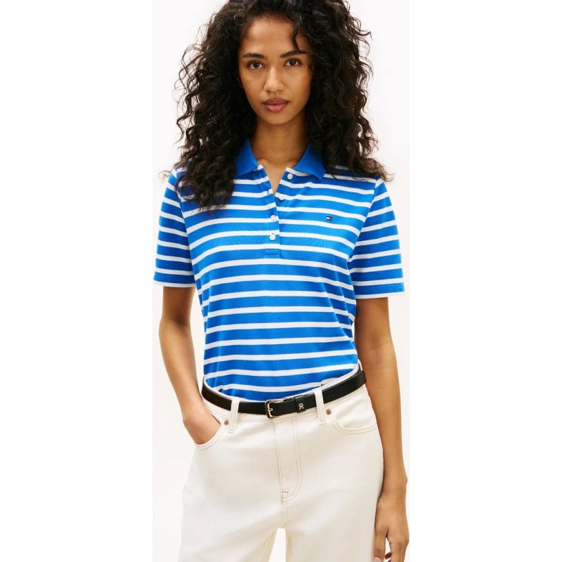Tommy Hilfiger Koszulka Polo Damska w Paski - Niebieska