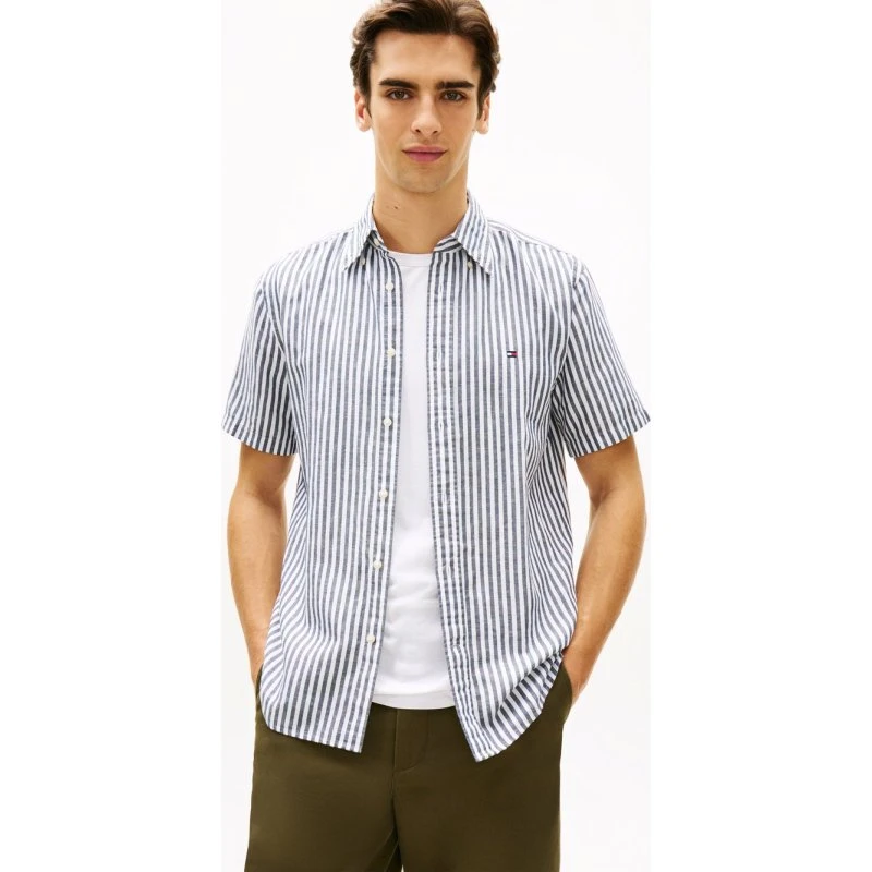 Tommy Hilfiger Koszula Męska Regular Fit Z Lnem i Bawełną, Niebieska