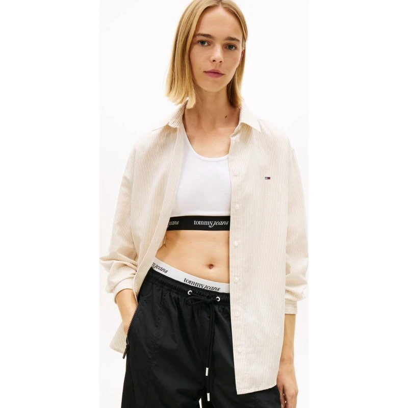 Tommy Jeans Bluzka z Lnu w Paski, Brązowa
