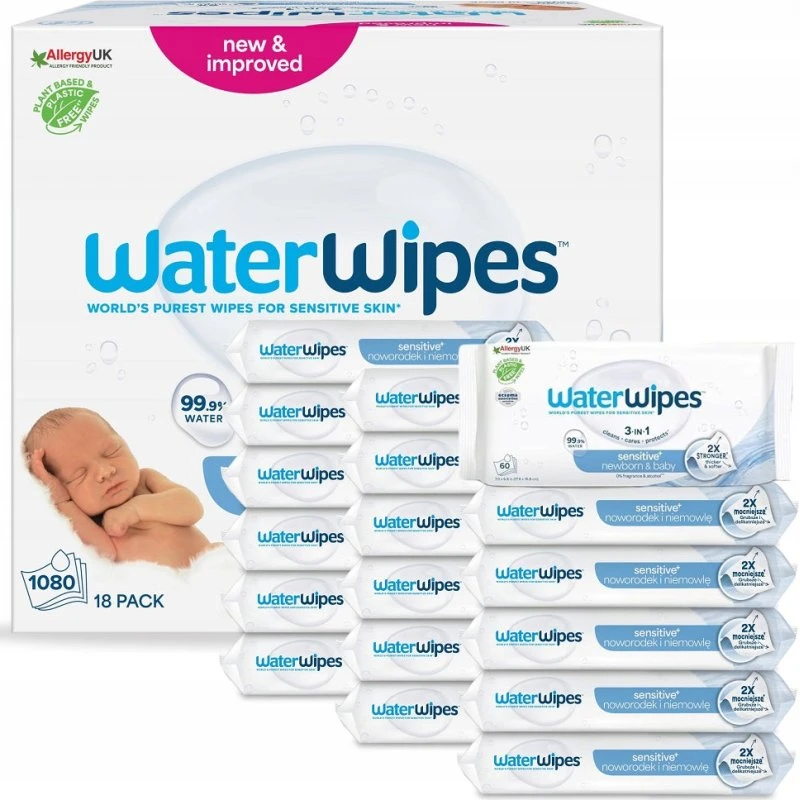 WaterWipes Sensitive+ Chusteczki nawilżane 18x60 szt.