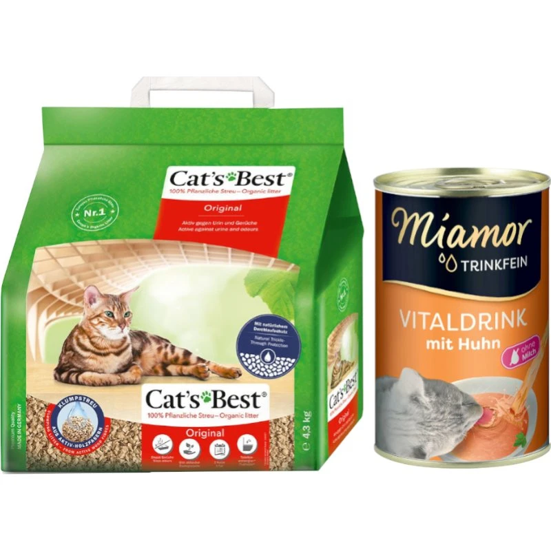 Cat's Best Original żwirek zbrylający się, 10 l (4,3 kg) + Miamor Vitaldrink