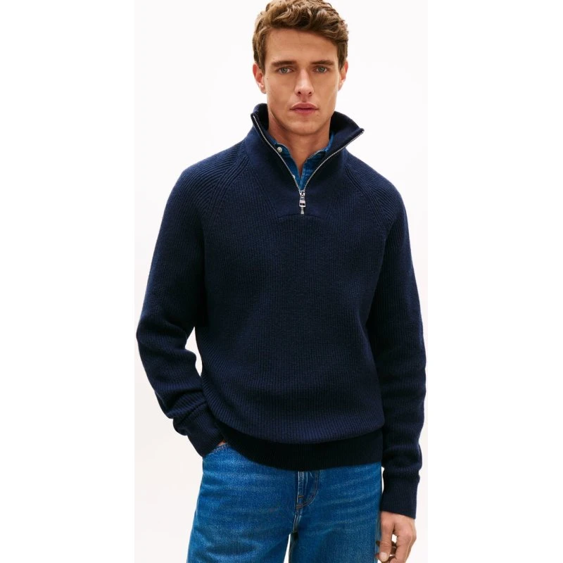 Tommy Hilfiger Sweter Troyer Niebieski z Wełną