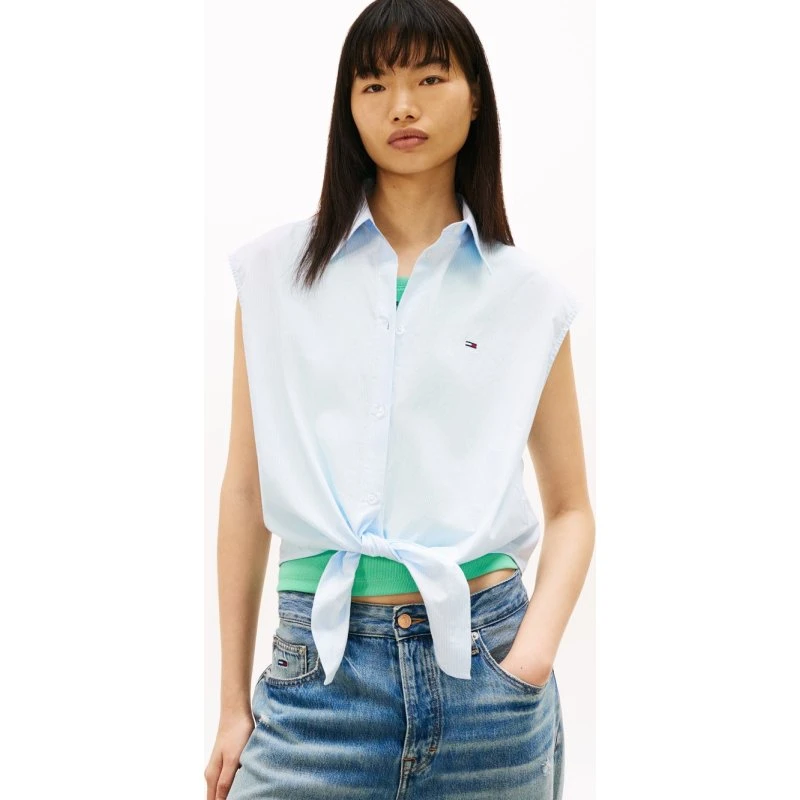 Tommy Jeans Letnia bluzka damska z wiązaniem, niebieska, L