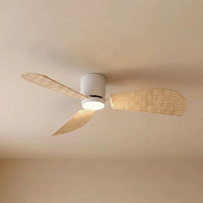 Wentylator sufitowy LED Lucande Faipari, biały/rattan, DC, 132 cm