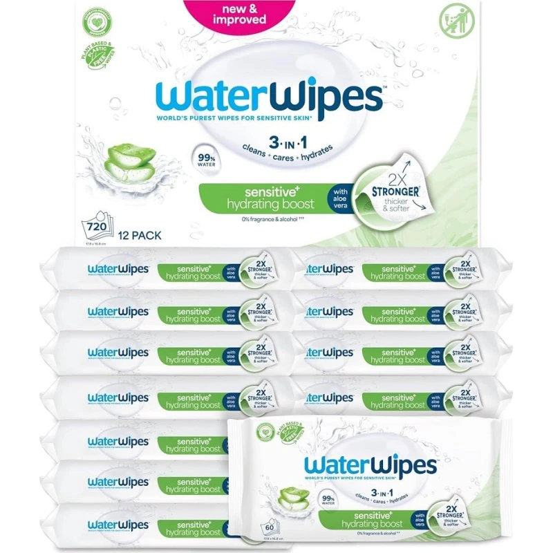 WaterWipes Sensitive+ Chusteczki Nawilżające z Aloesem 12x60 szt.
