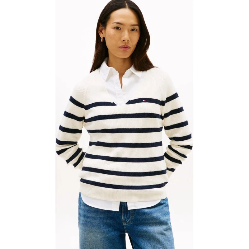 Tommy Hilfiger Sweter z dzianiny z dekoltem w serek, biały